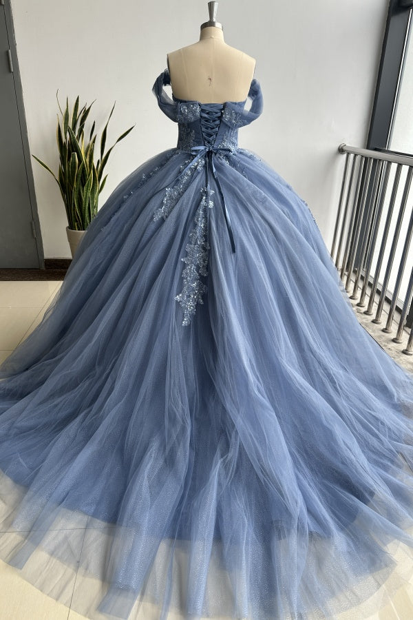 Elegant & Glamorous Ball Gown Off Shoulder Pleated Appliques Lace Up Navy Blue Tulle Quinceanera Dress Birthday Party Gown for Sweet 16