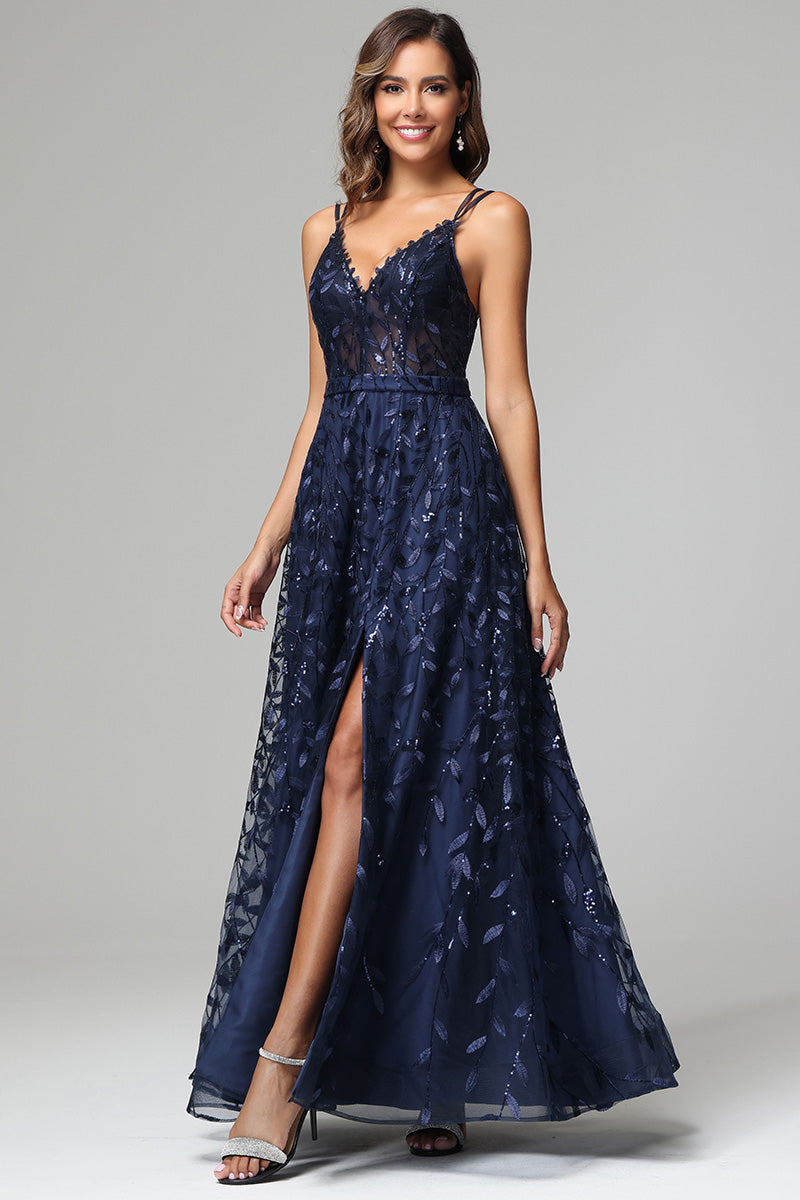 Elegant Spaghetti Strap V-neck Lace A-line Long Prom Dress Online, OL305