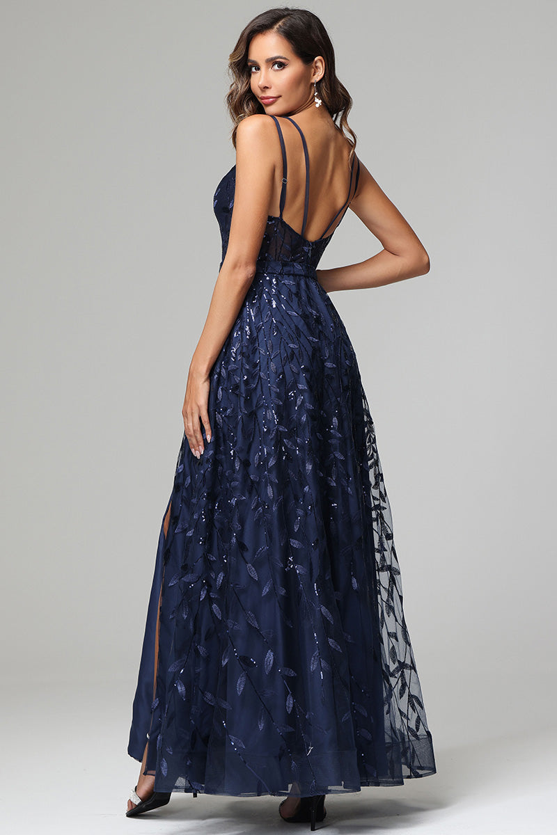 Dark Navy A-line Lace Sleeveless High Low Prom Dress main image 1