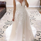 A-line Off-shoulder V-neck Lace Appliques Wedding Dresses With Train, WD0414