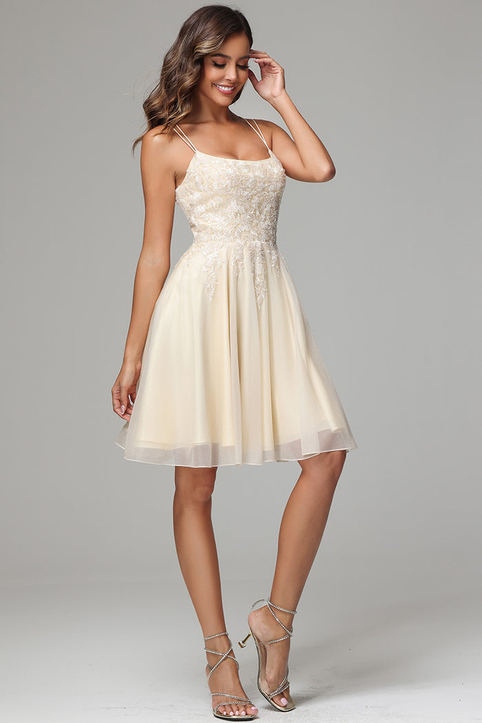 Yellow Satin A Line Retract Your Waist Spaghetti Straps Short Homecoming Dress main image 0