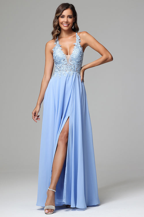 Chiffon and Lace Appliqued Long Dresses Pool