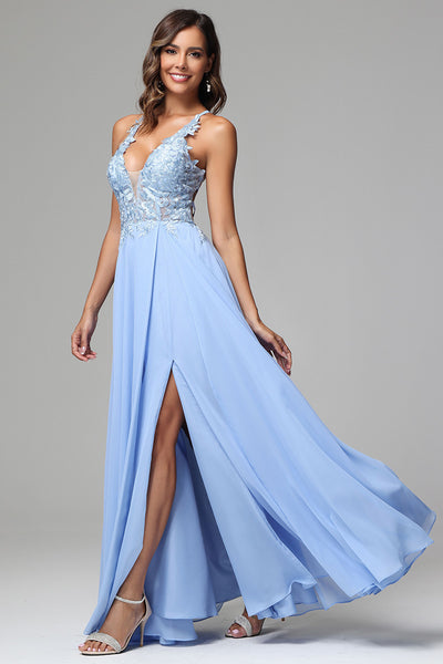 Fascinating Long A-line V-neck Bright silk Prom Dress with Pockets