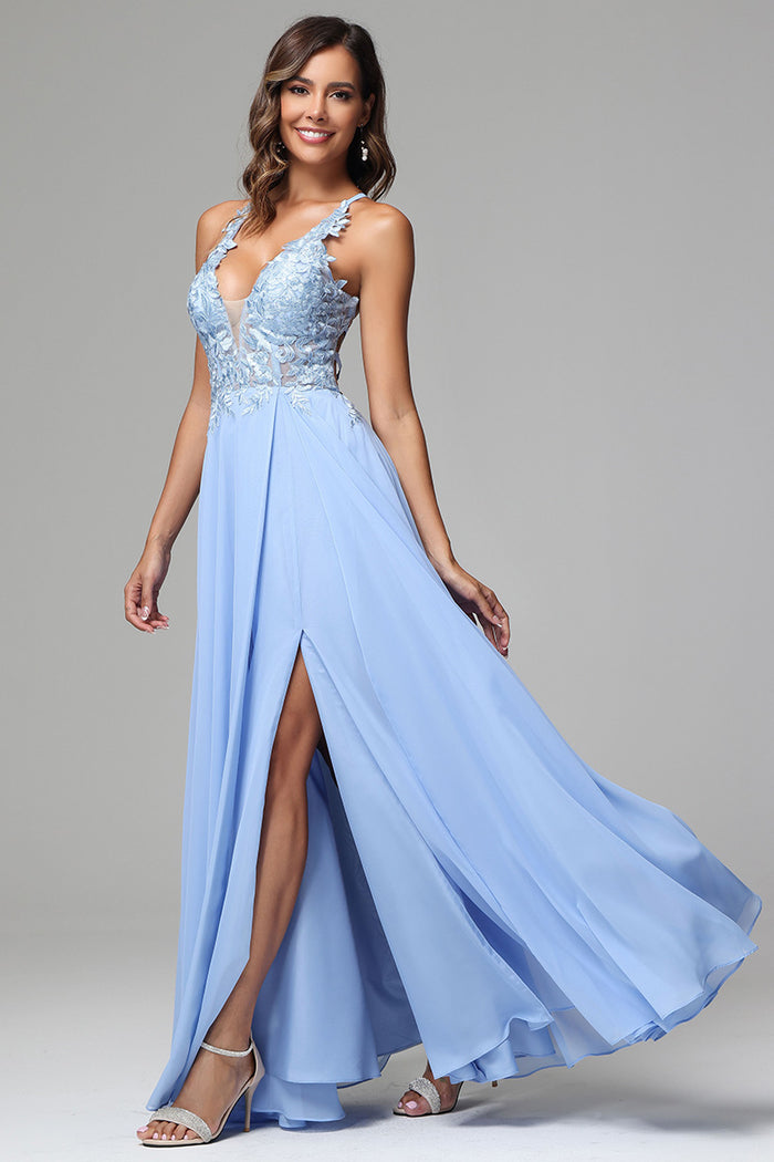 A-line V-neck Lace Dress With Slit Daffodil