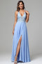 A-Line Floor-length V-neck Long Dress With Slit Peach