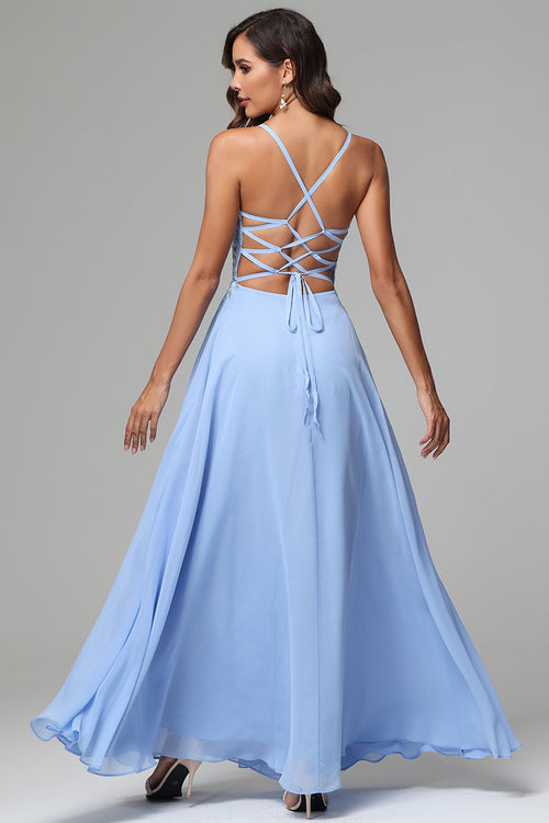 Long A-line V-neck Backless Glitter Prom Dress with Slit main image 1