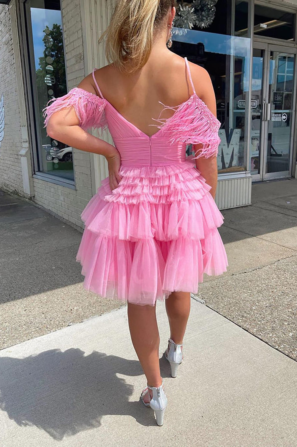 Cute Pink A Line Feather Tulle Homecoming Dresses