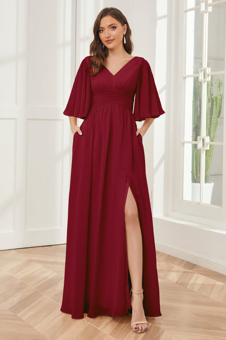 Affordable V-Neck Straps Chiffon Bridesmaid Dresses
