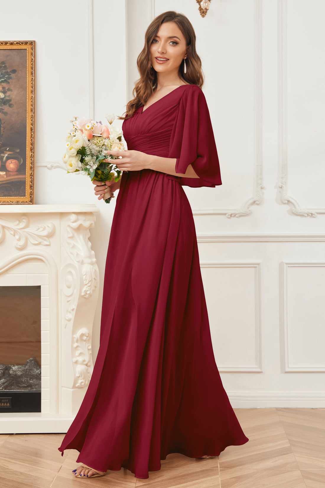 Half Sleeves V-Neck Lace Top Chiffon Dress Plum