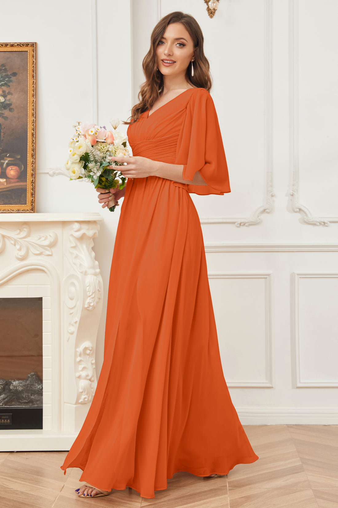 V-neck Chiffon Dresses with Half Sleeves Cabernet Plus Size