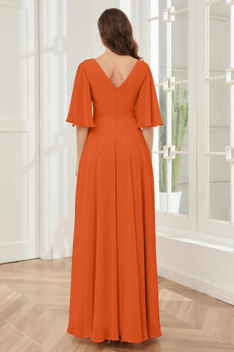 V-neck Chiffon Bridesmaid Dress with Bow Back Tangerine
