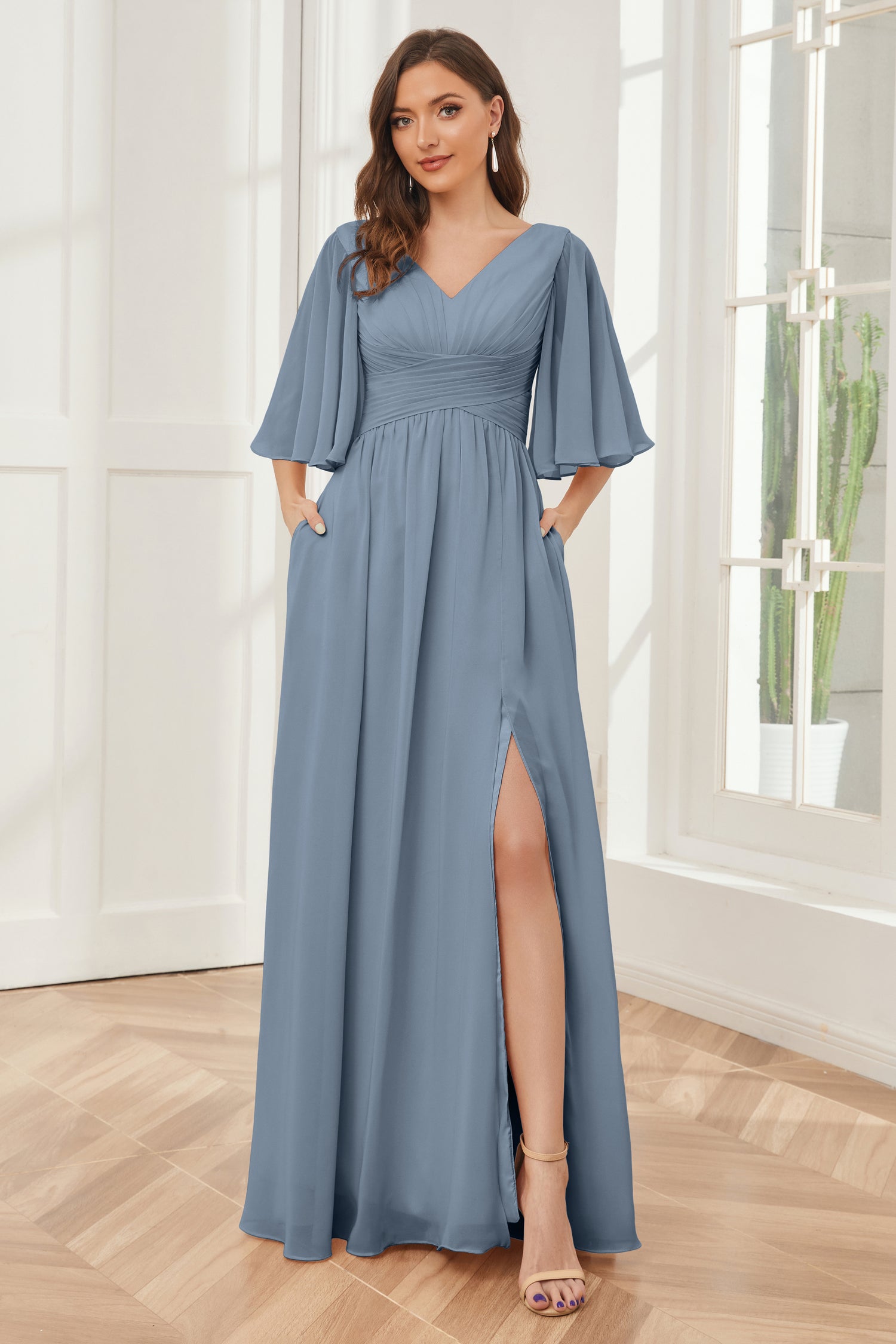 V-neck Chiffon Bridesmaid Dress with Bow Back Lilac Plus Size main image 1