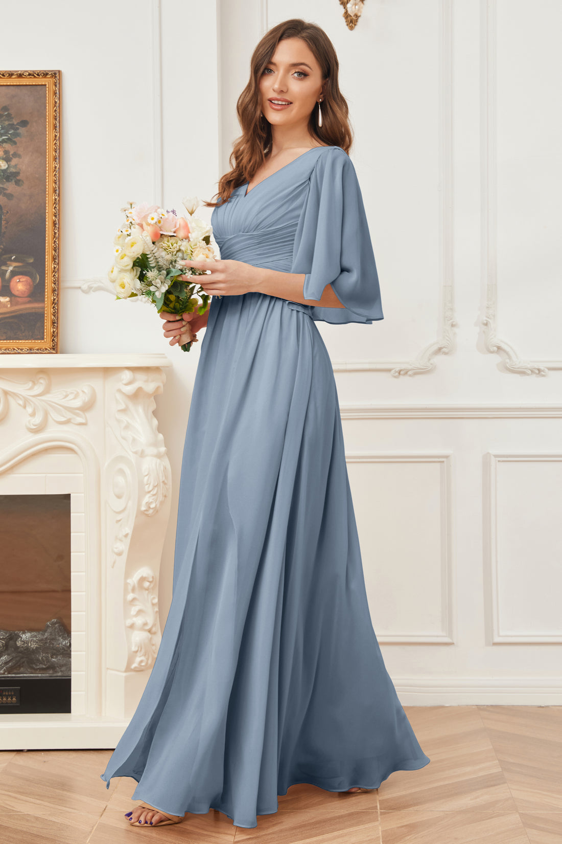 V-neck Cap Sleeves Chiffon Bridesmaid Dresses Spa