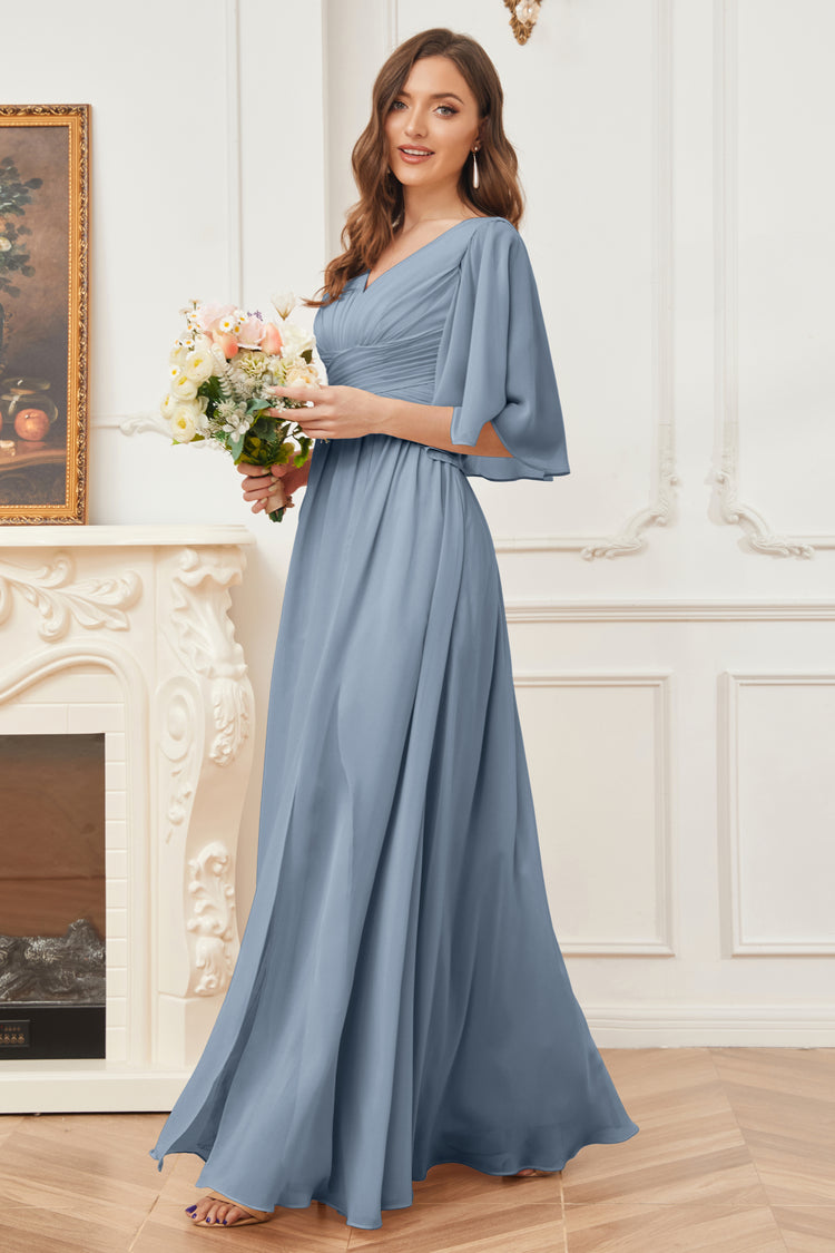 Ink Blue Mother Of The Bride Dresses A-Line Half Sleeves V-Neck Beaded Waist Tea-Length Chiffon Mother Of The Bride Dress