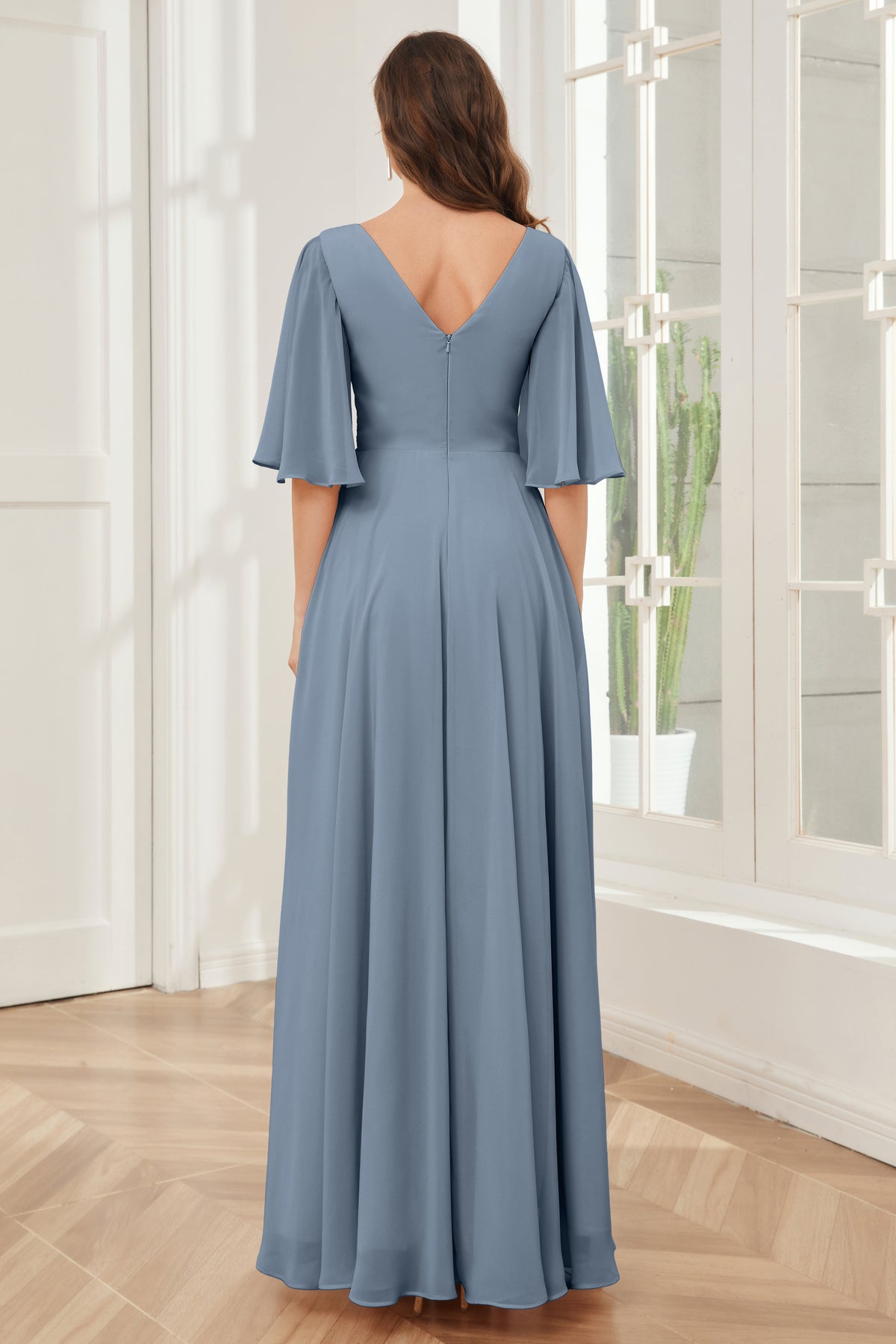 Half Sleeves V-Neck Pleated Sparkly Bridesmaid Dress - Burnt Orange main image 1