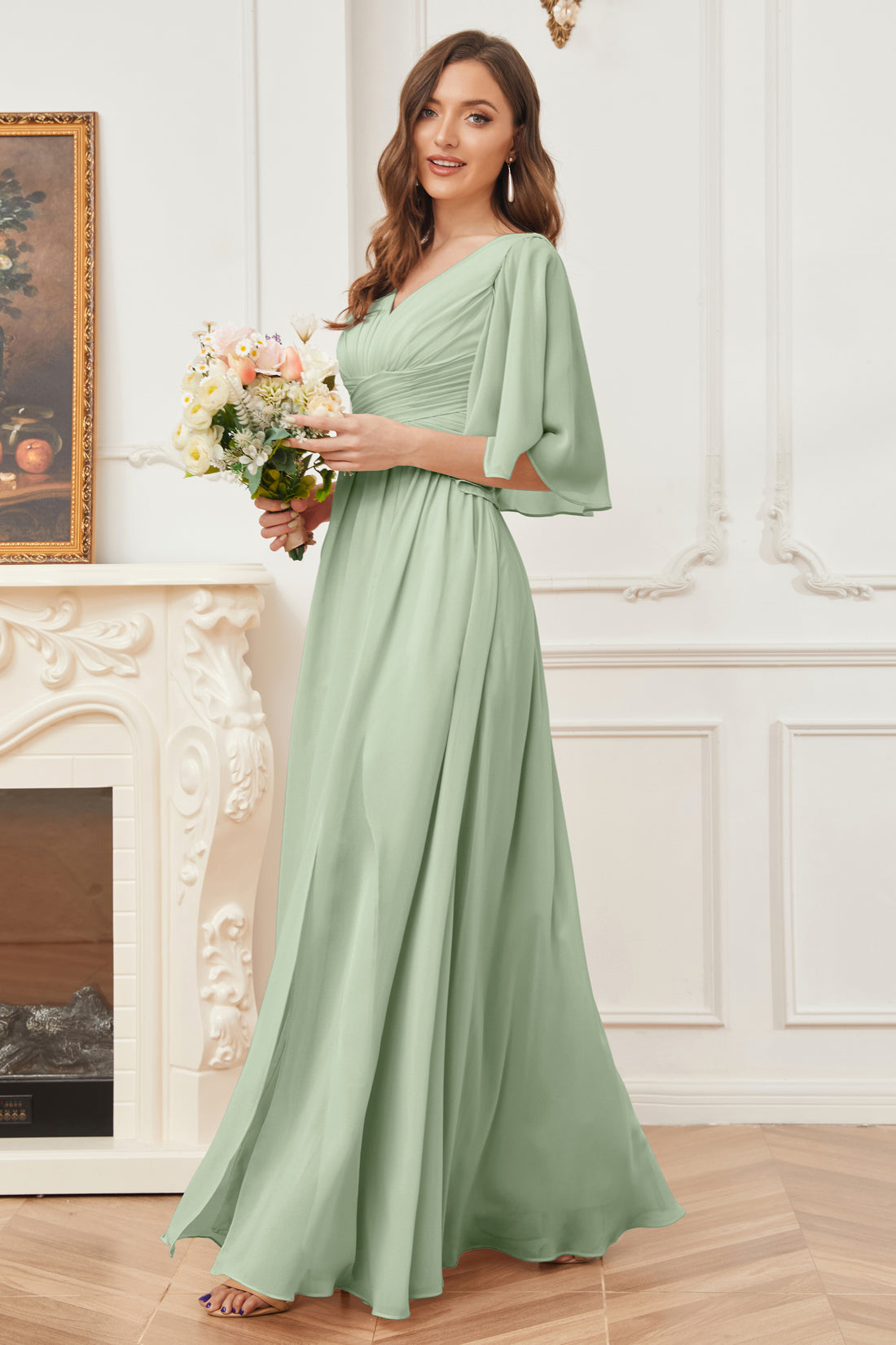Half Sleeves V-Neck Lace Top Chiffon Dress Dusty Sage