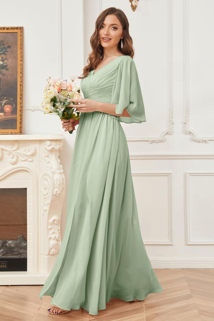 V-neck Chiffon Bridesmaid Dress with Bow Back Sage