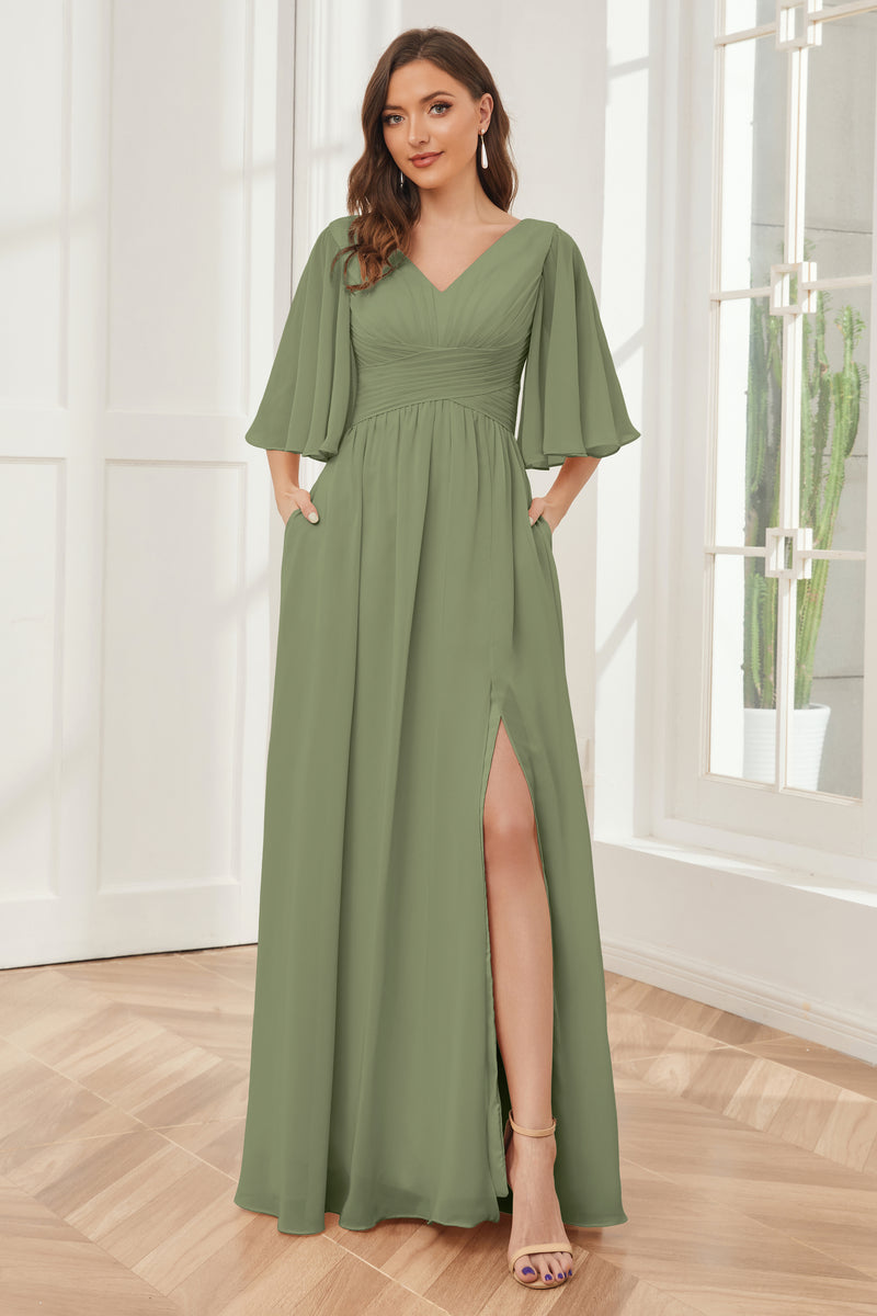 Cap Sleeves V-neck Chiffon Dress with Slit Ivory Plus Size main image 1