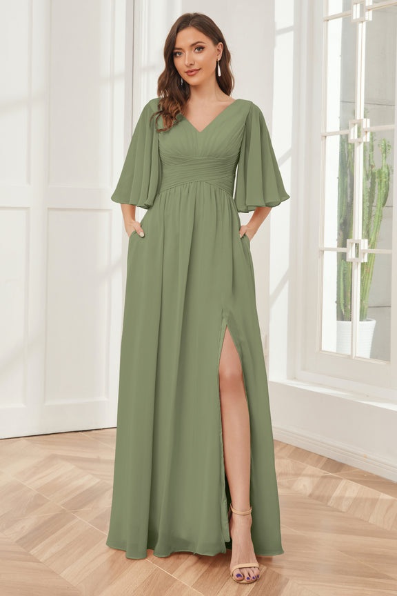Maxi Chiffon Bridesmaid Dresses with V Neck Lime Green