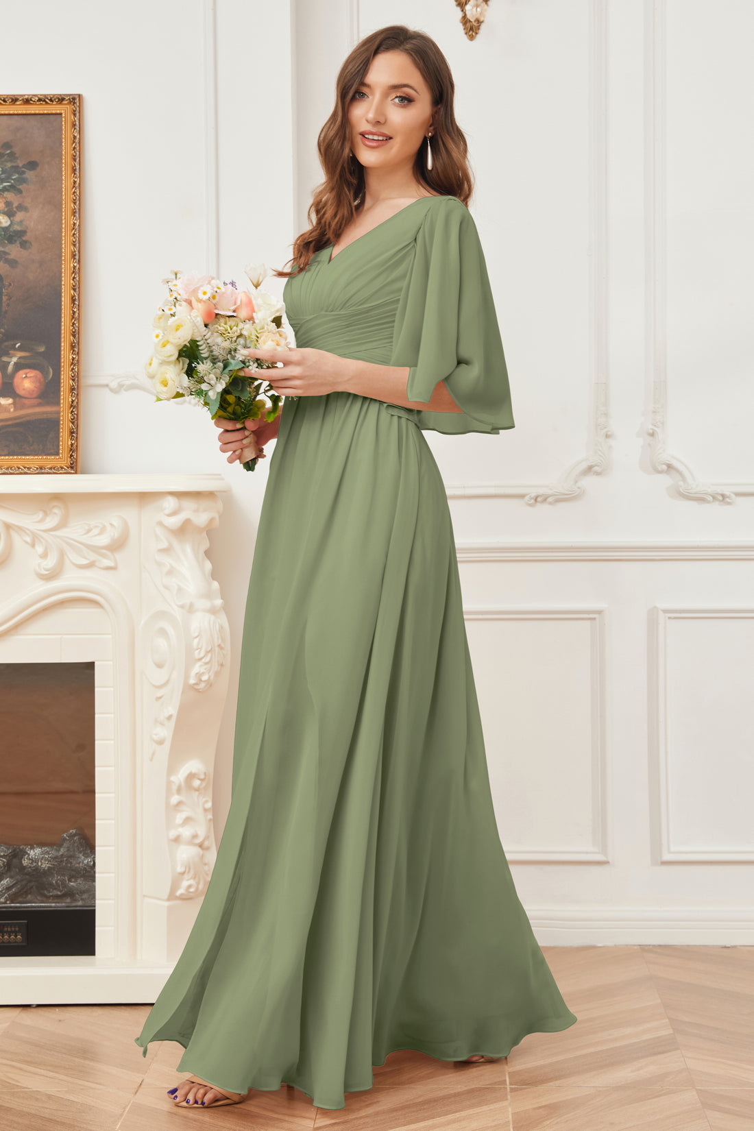 Olivia half sleeve chiffon evening or bridesmaid gown with split main image 1