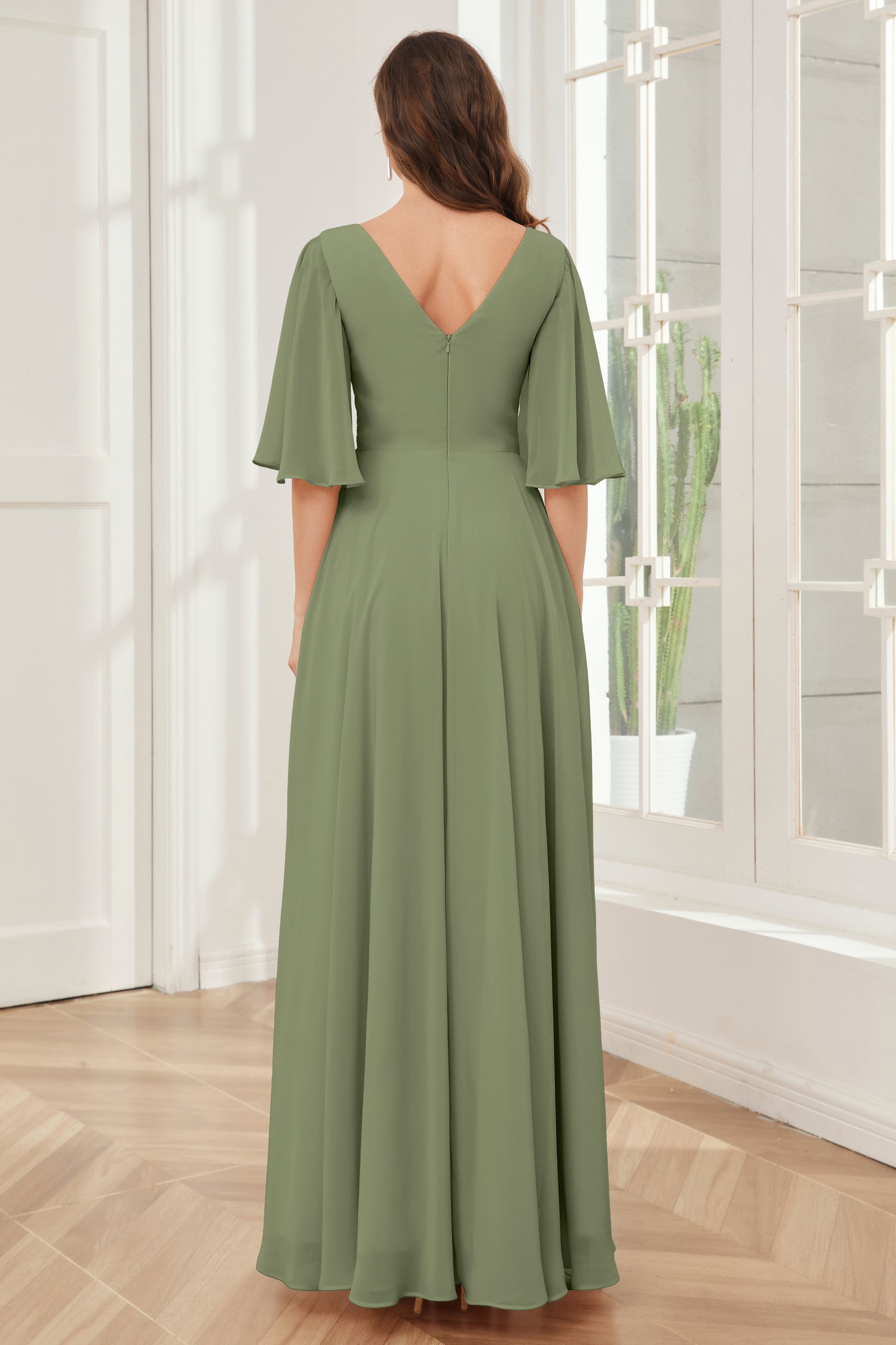 V-neck Cap Sleeves Chiffon Bridesmaid Dresses Taupe main image 1