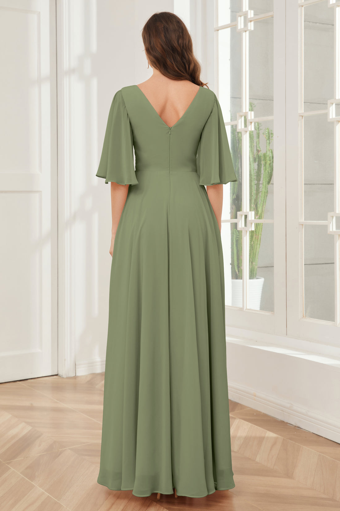 Half Sleeves V-Neck Pleated Sparkly Bridesmaid Dress - Burnt Orange main image 0