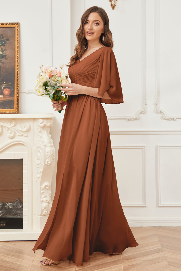 V-neck Chiffon Dresses with Half Sleeves Mulberry Plus Size