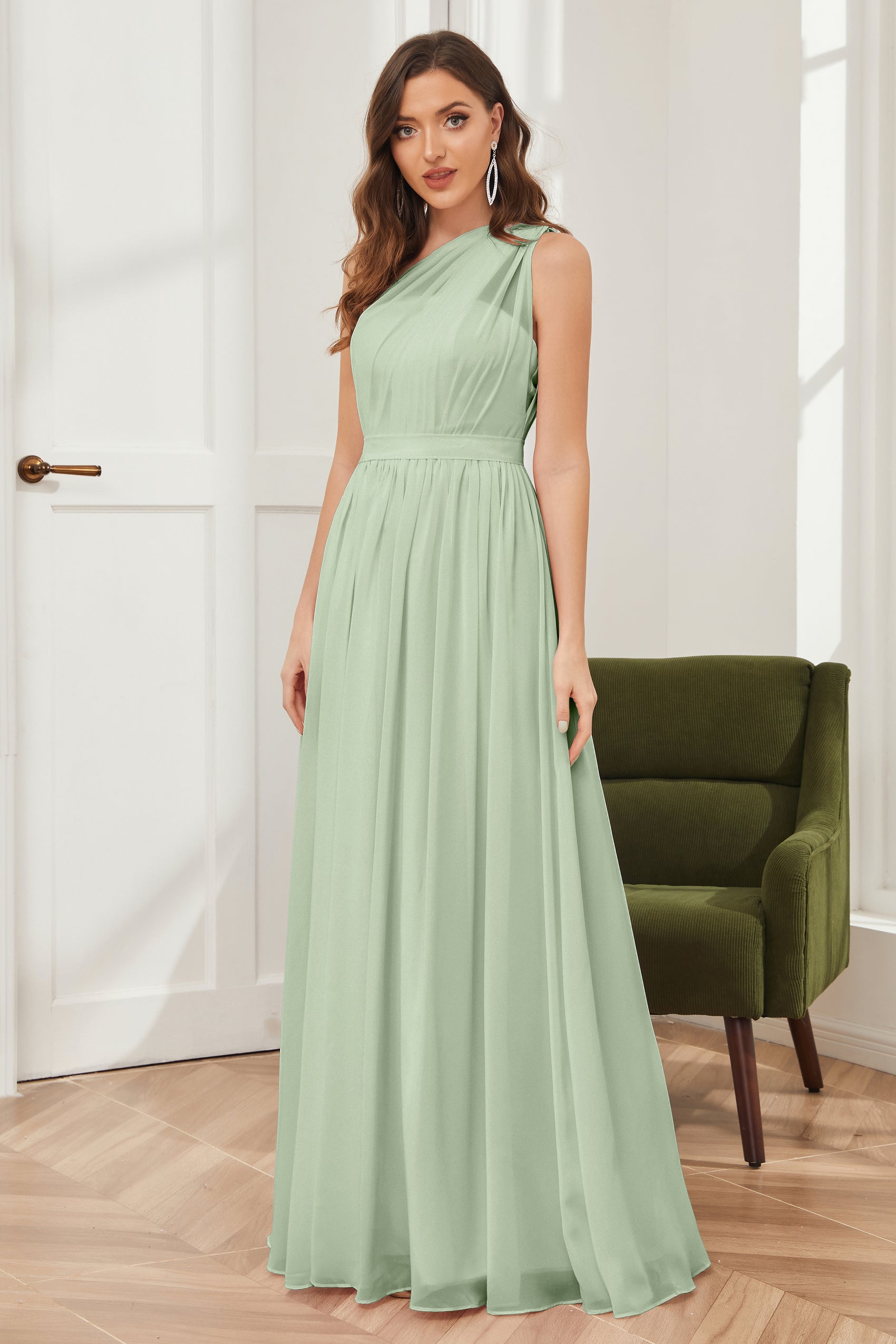 Ruffled One-Shoulder A-Line Chiffon Bridesmaid Dress in Terracotta main image 1