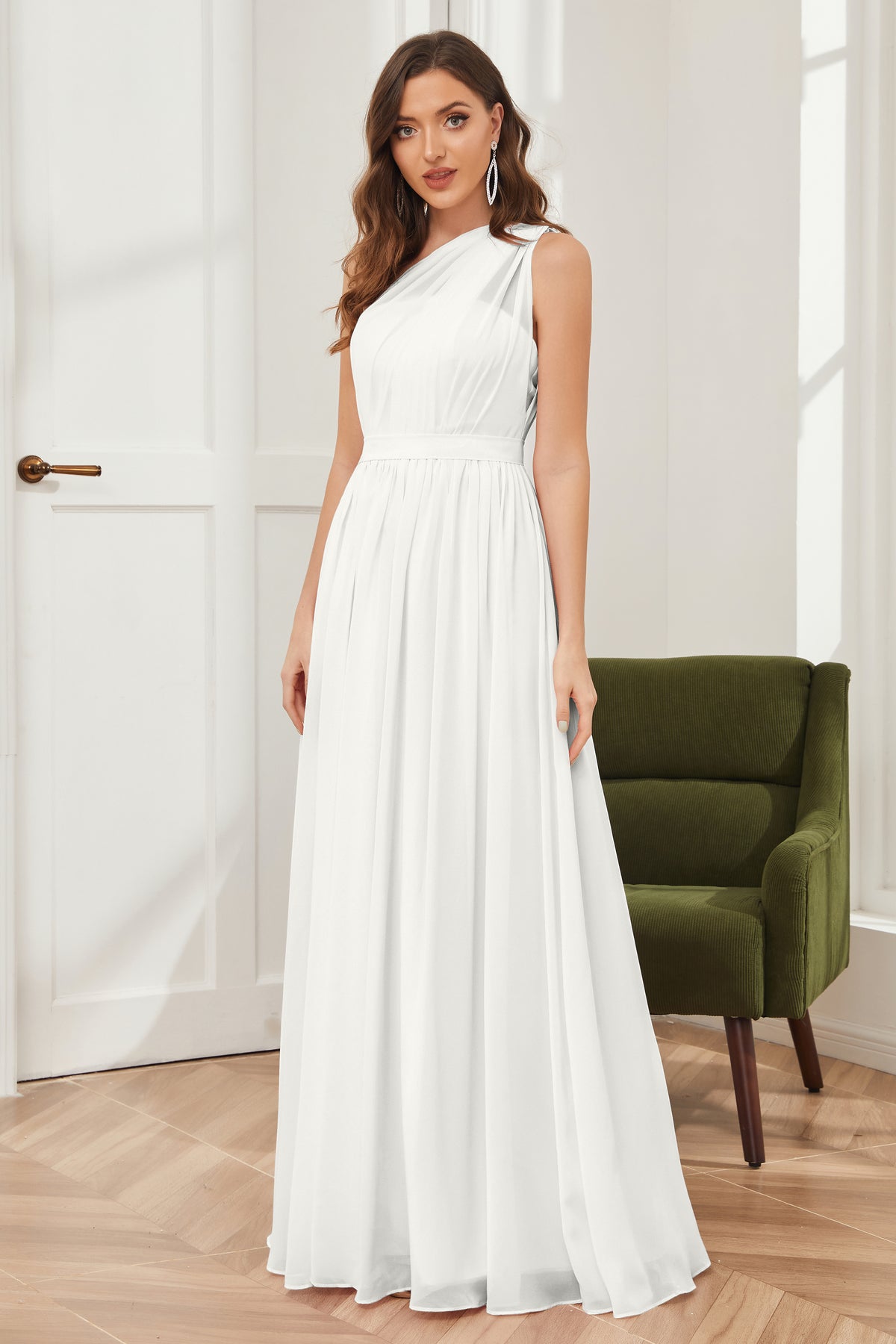 Ruffled One Shoulder Chiffon Bridesmaid Dress With Slit in Olive