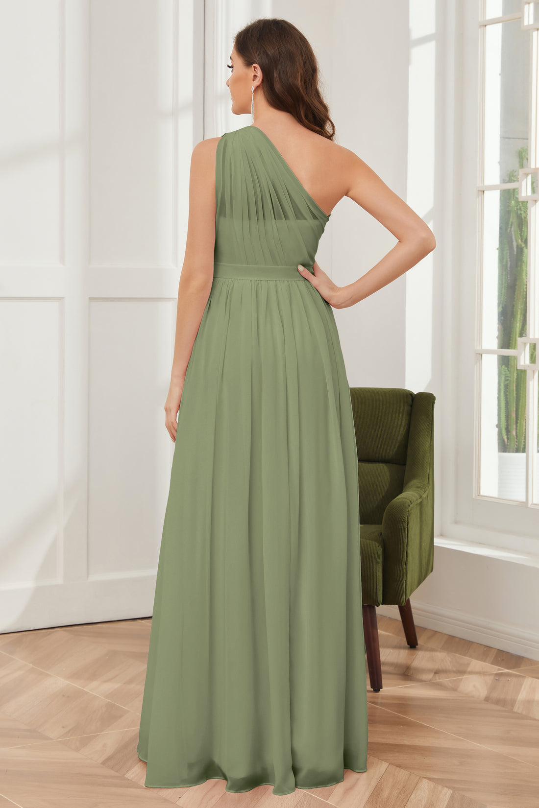 Green A-line One-shoulder Sequined Sash Chiffon Long Bridesmaid Dress main image 1