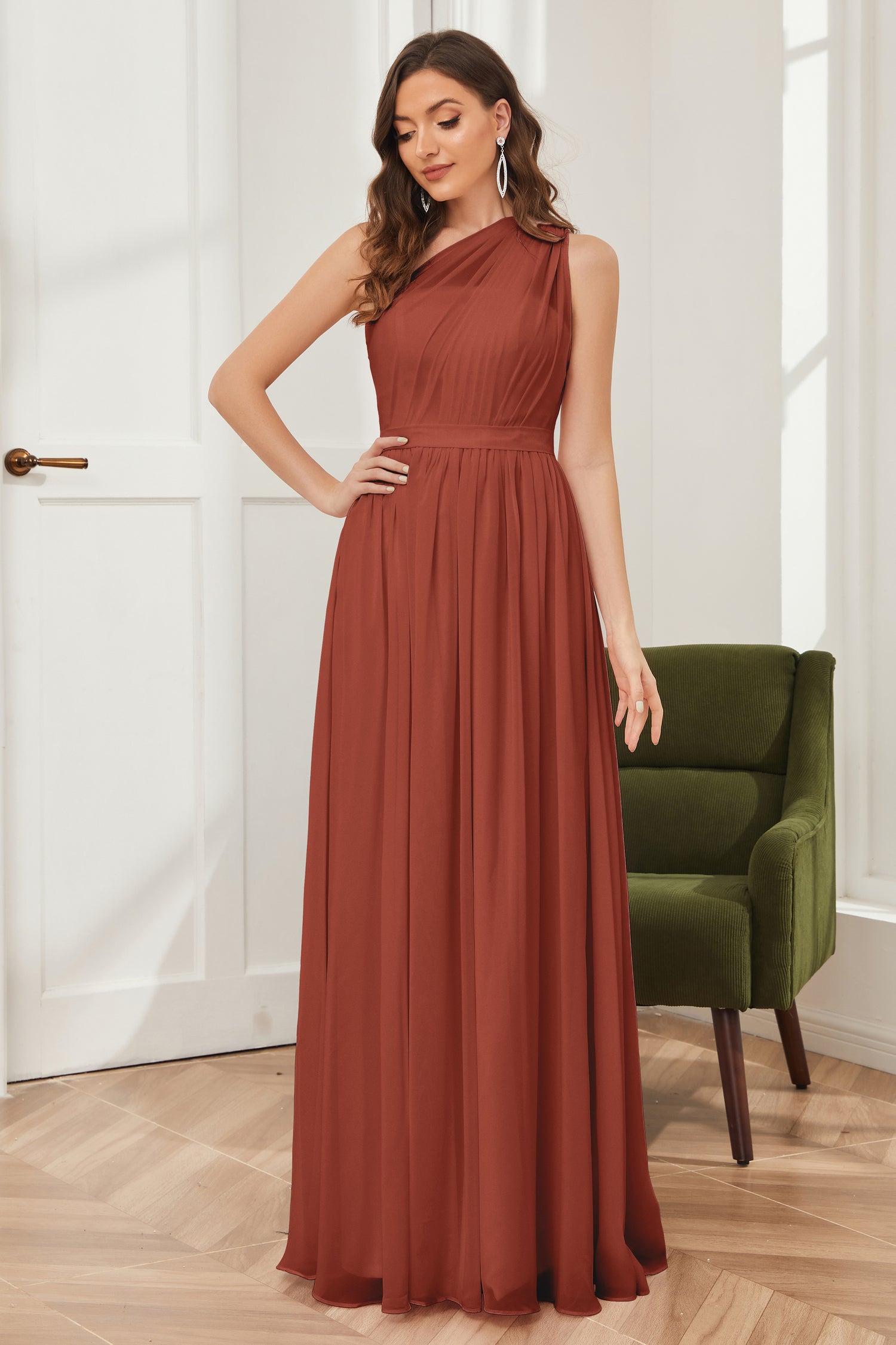 Ruffled One-Shoulder A-Line Chiffon Bridesmaid Dress in Marigold