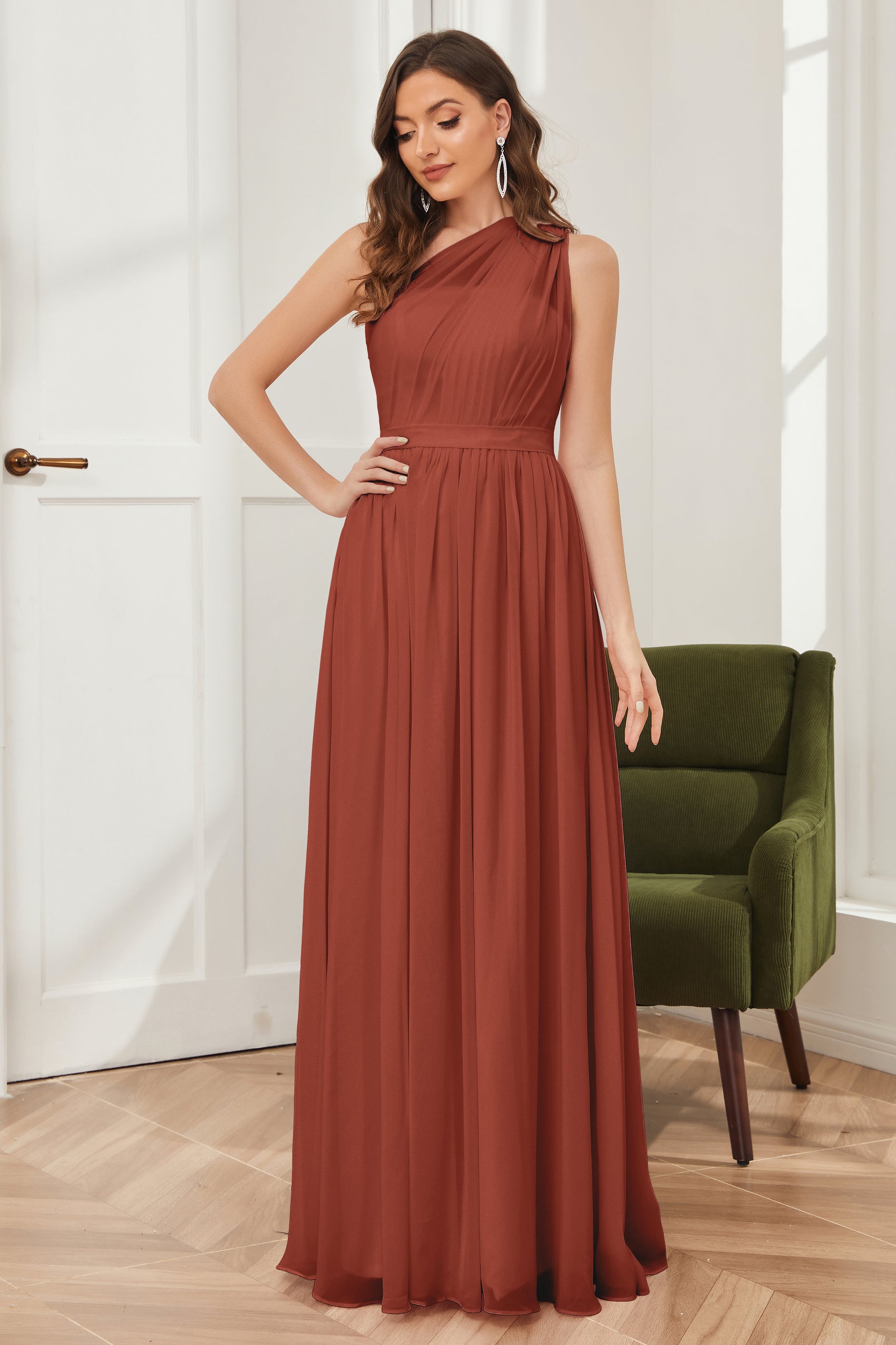 One Shoulder Long Chiffon Bridesmaid Gown Rust main image 1