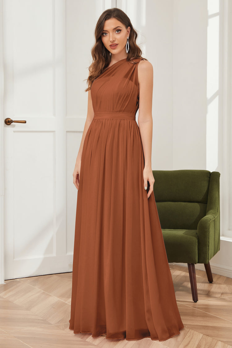 Princess One Shoulder Chiffon Bridesmaid Dresses Blushing Pink