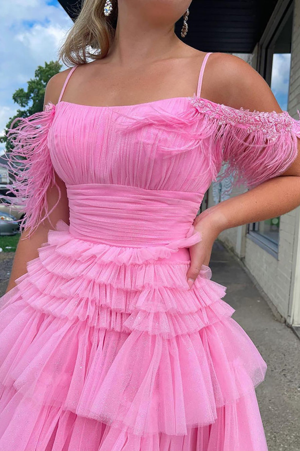 Cute Pink A Line Feather Tulle Homecoming Dresses