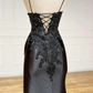 Black Spaghetti Straps Lace Appliques Prom Dress with Slit