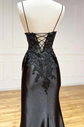 Two-pieces Spaghetti Straps Lace Top Black Prom Dresses With Split, PD1039