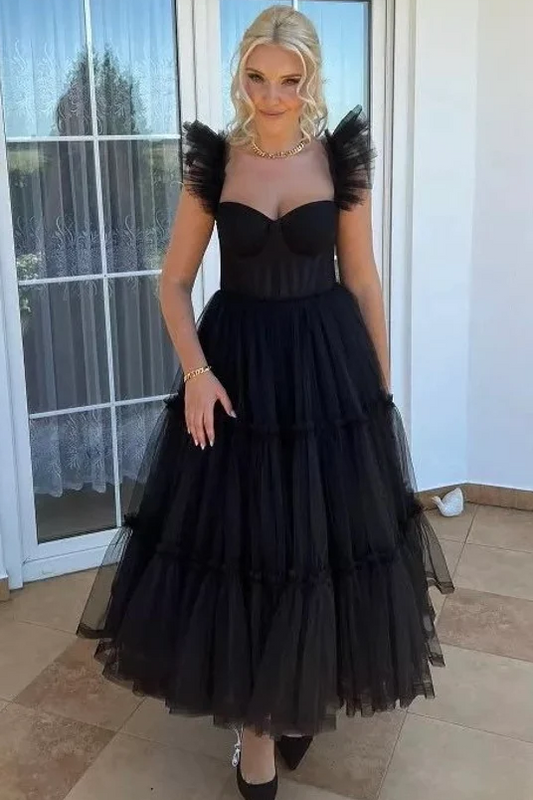 Black Tulle Ruffles Tea Length Formal Prom Party Dress