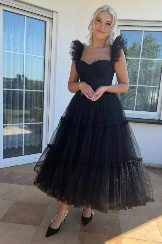 black cocktail dress with ruffles Black Ruffled Tulle Short Sleeves Cocktail Dress