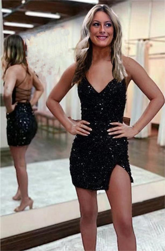 Sparkly Spaghetti Straps Mermaid Sequins Short Homecoming Dresses Online, HD0774 main image 1