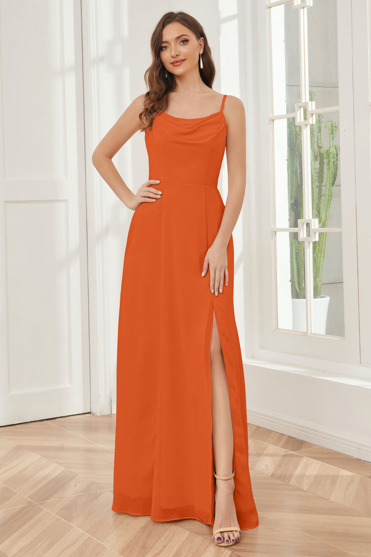 Chiffon Spaghetti Straps Green Bridesmaid Dress with Slit
