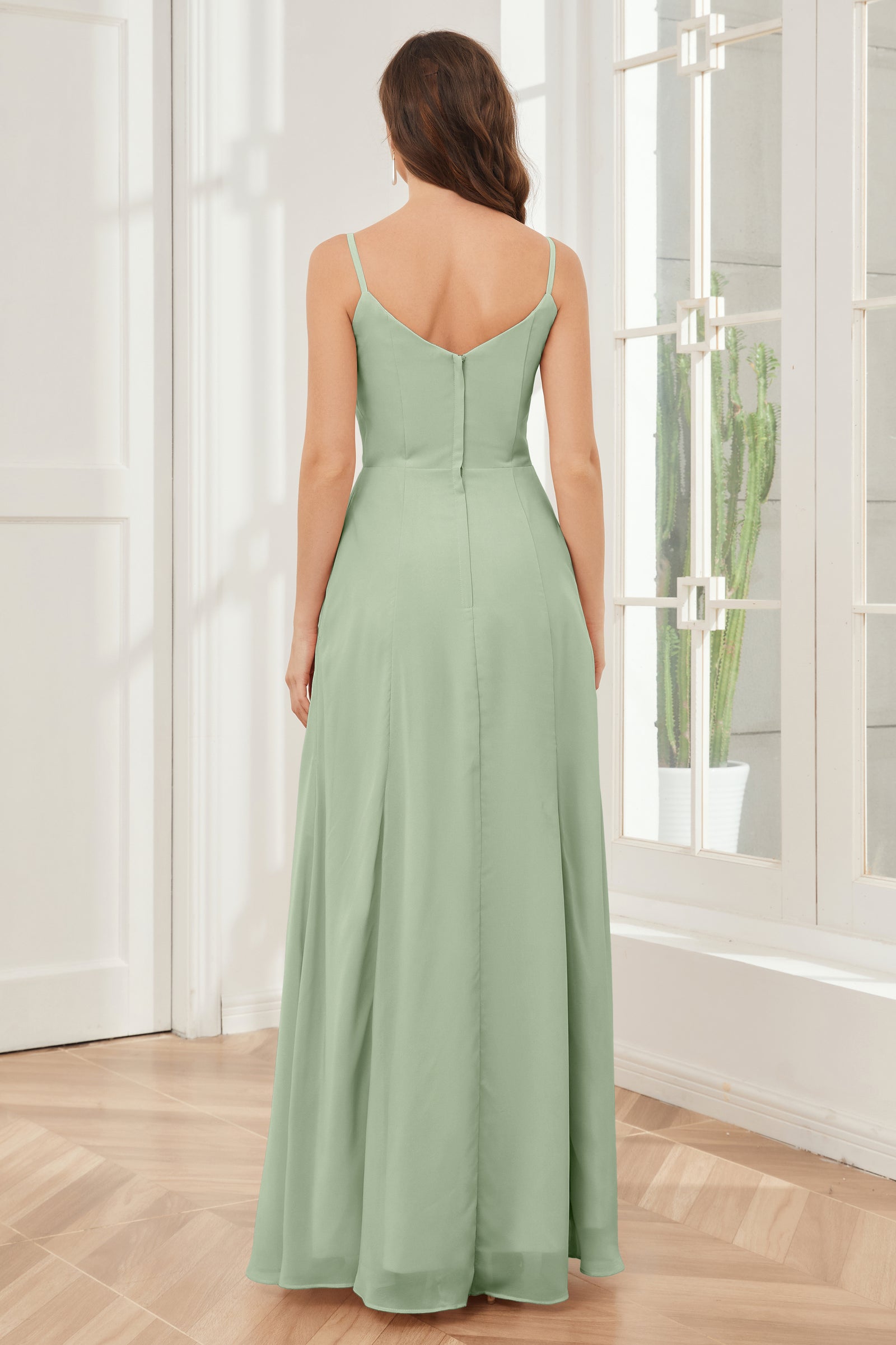 Long Spaghetti Straps Chiffon Dress with Lace Top Dusty Sage Plus Size
