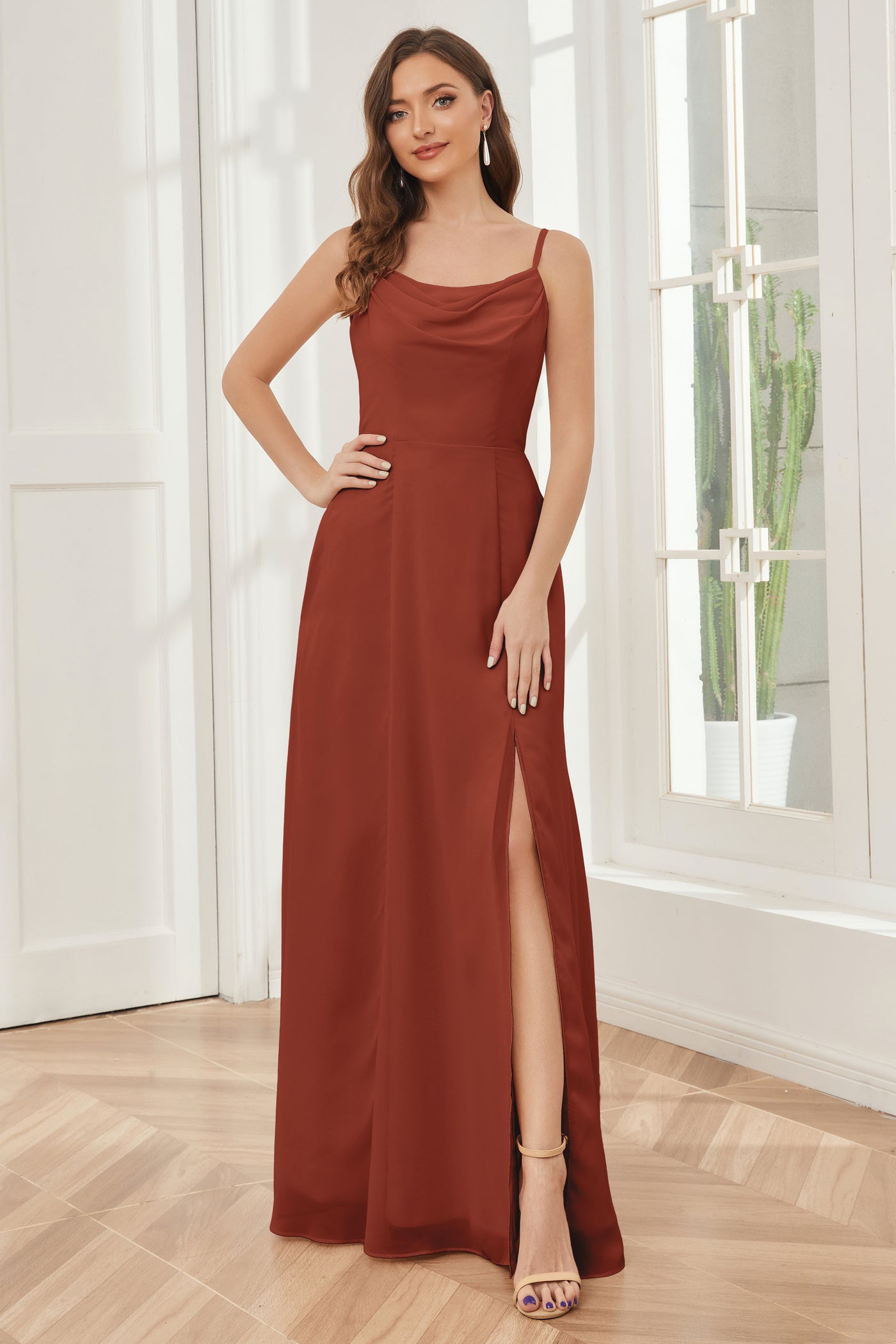 Spaghetti Straps Champagne Bridesmaid Dress with Slit