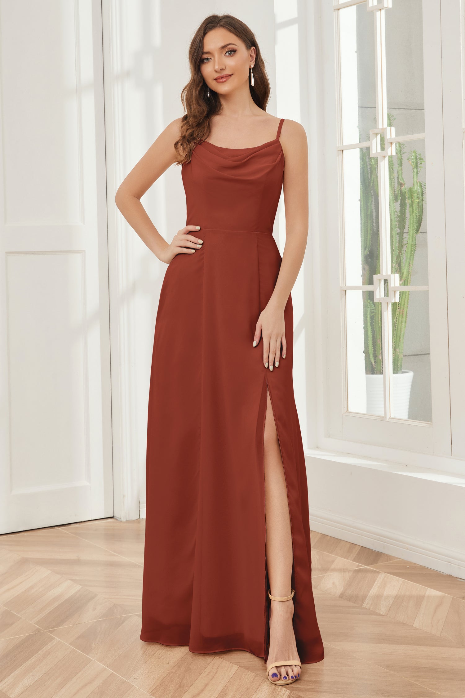 Long Spaghetti Strap Chiffon Gown Scoop Neck High Slit Flamingo Plus Size