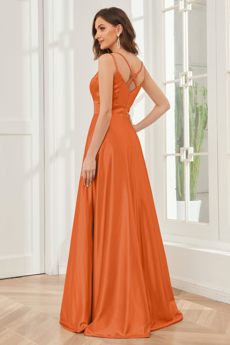 Satin Square Neck Spaghetti Straps A Line Bridesmaid Dresses main image 1