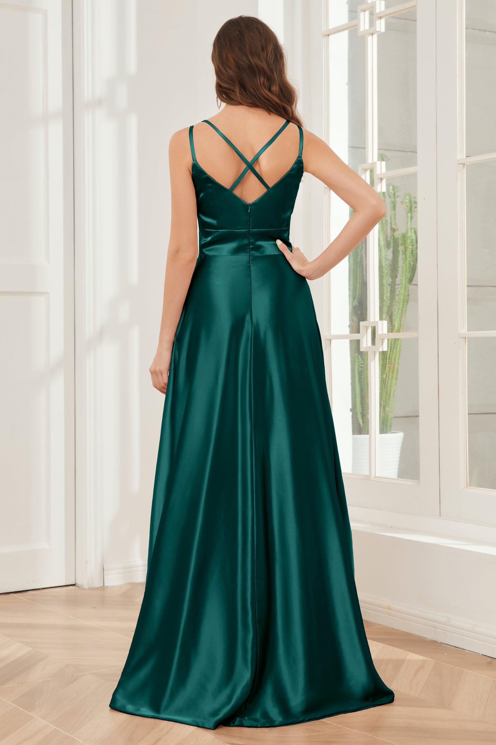 V-neck Spaghetti Straps Elegant Bridesmaid Dress Sage Plus Size main image 0