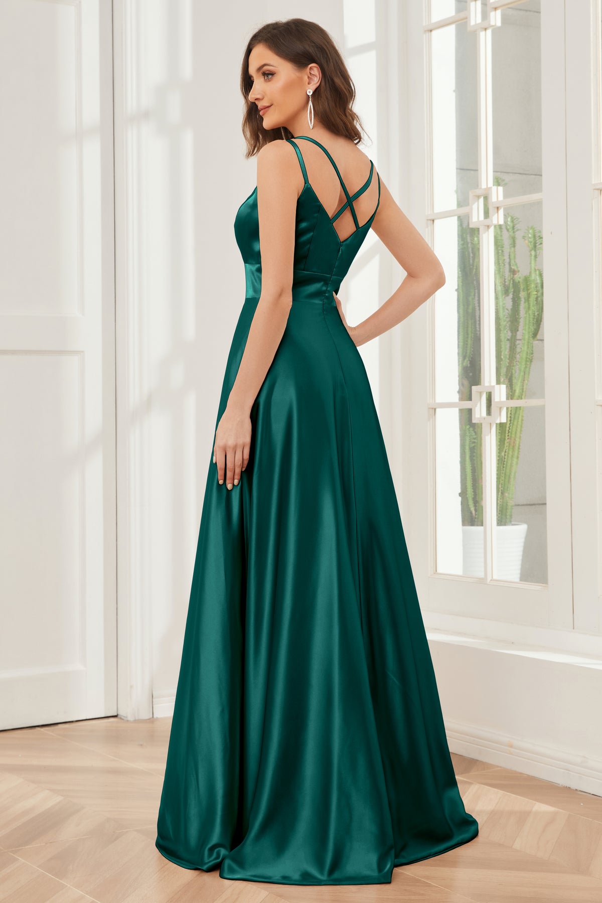 Spaghetti Straps V-neck Chiffon Dress With Slit Green