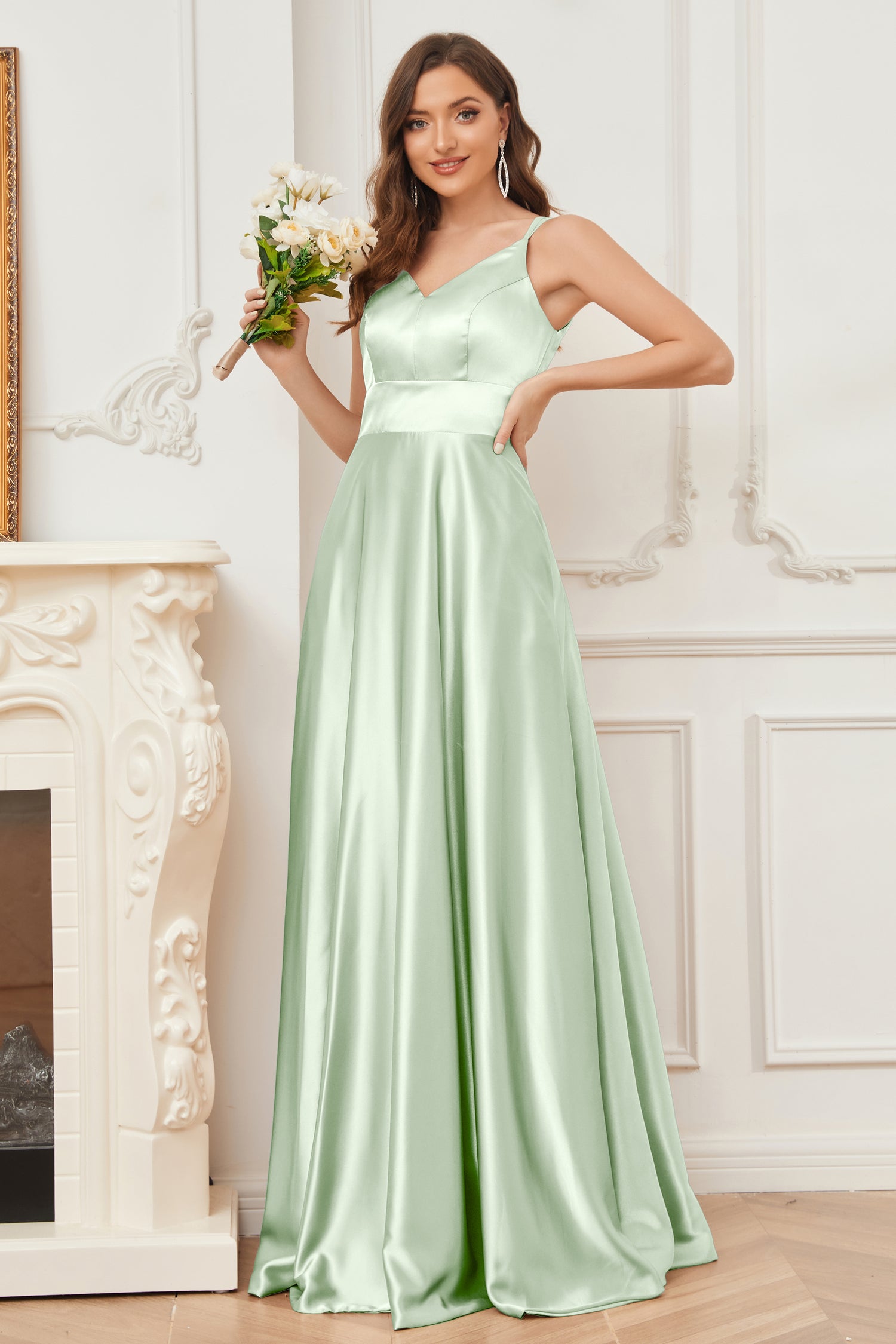 Spaghetti Straps V Neck Satin Floor Length Crisscross Bridesmaid Dress main image 1