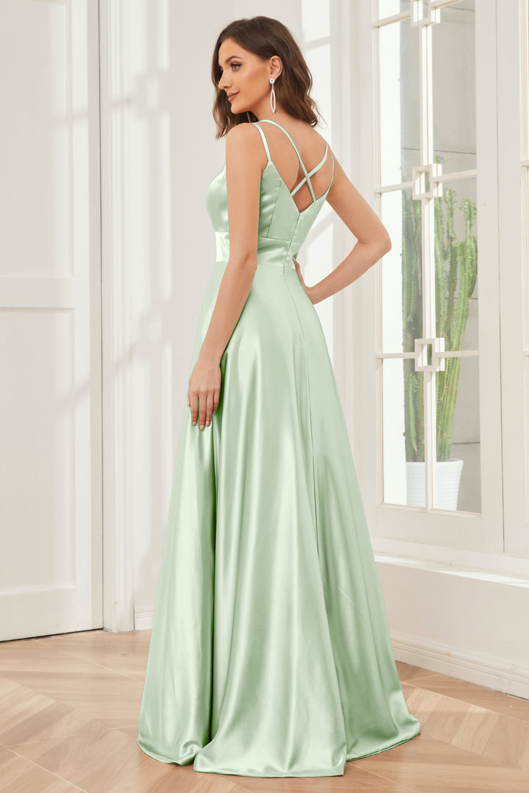 Rust Bridesmaids Dresses A Line Spaghetti Straps V-Neck Floor Length Stretch Satin Bridesmaid Dress