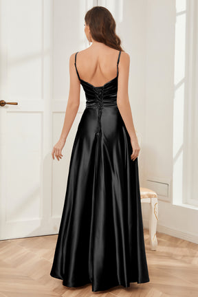 A-line V-neck Long Satin Dresses with Pockets Lavender