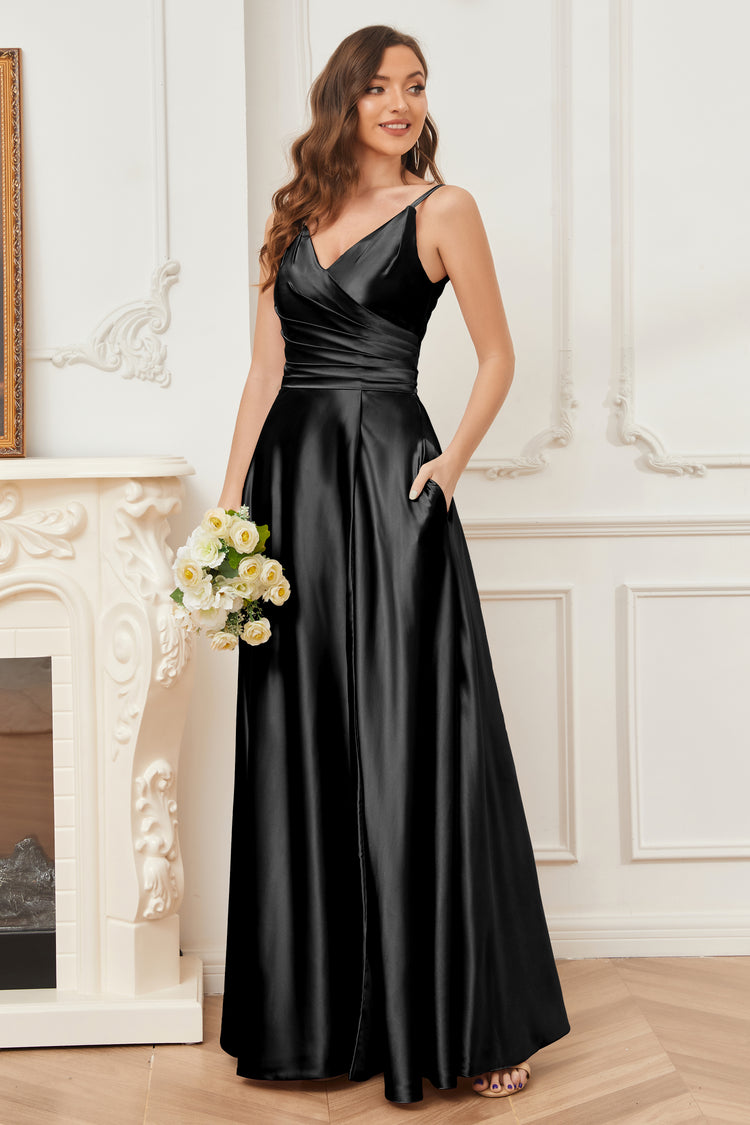 A-Line Sleeveless Long Silk Satin Bridesmaid Dresses with Pockets & Split Side main image 1